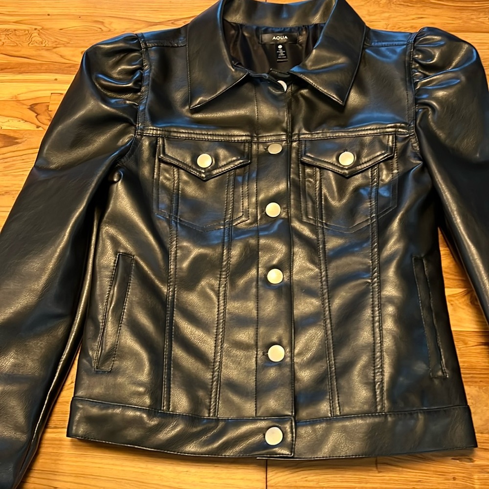 Aqua vegan leather jacket with puffed shoulder. Size XS. Fits like a 4